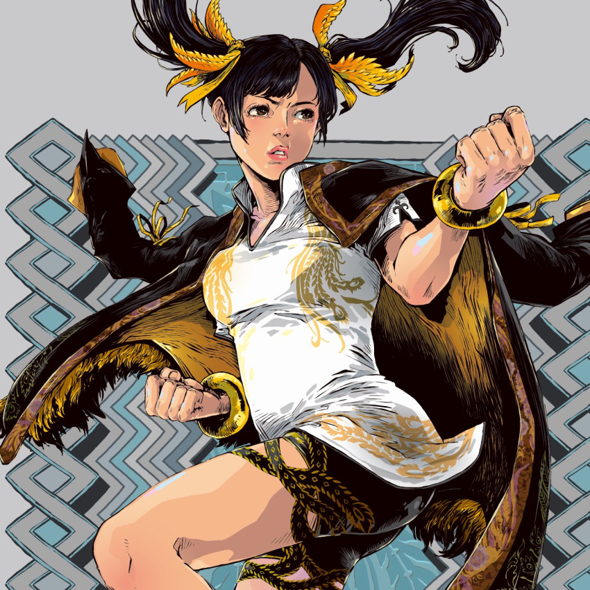 1girl black_hair black_shorts bracelet breasts brown_eyes china_dress chinese_clothes dress highres jbstyle jewelry ling_xiaoyu medium_breasts medium_hair shorts solo tekken tekken_8 twintails