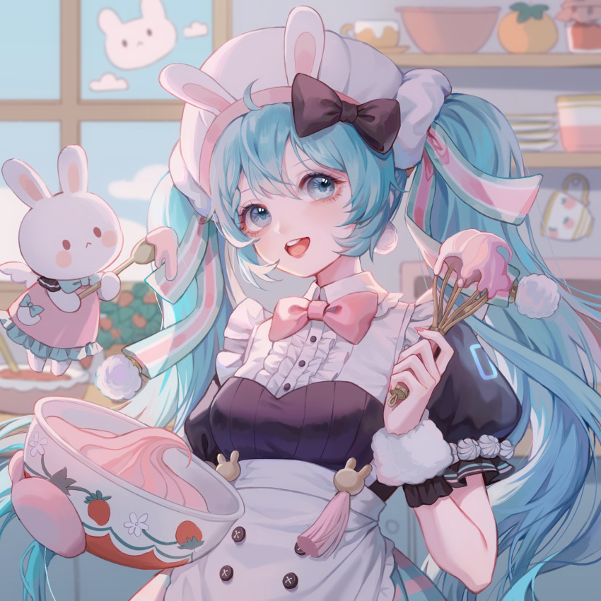 1girl :&lt; angel_wings animal animal_ear_headwear animal_ears apron black_bow black_collar black_shirt black_sleeves blue_eyes blue_hair blue_sky blurry blush_stickers bow bowl bowtie brown_eyes buttons center_frills chef_hat closed_mouth clothed_animal cloud collar collared_dress collared_shirt cowboy_shot cup day dress dress_bow earrings eyelashes fake_animal_ears frilled_apron frilled_dress frilled_shirt_collar frilled_sleeves frills green_bow green_bowtie green_skirt hair_bow hair_ornament hair_scrunchie hat hatsune_miku highres holding holding_bowl holding_spoon holding_whisk icing indoors jewelry jingli_jingli kitchen layered_shirt light_blush long_hair mini_wings mittens multiple_hair_bows nail_polish open_mouth oven_mitts oversized_object pink_bow pink_bowtie pink_dress pink_mittens pink_nails pink_skirt plate pocket pom_pom_(clothes) pom_pom_earrings puffy_short_sleeves puffy_sleeves rabbit rabbit_ears rose_bush scrunchie shelf shirt short_sleeves single_mitten skirt sky smile solid_circle_eyes solo spoon striped_clothes striped_shirt striped_skirt tassel teacup teeth traditional_bowtie twintails two-tone_bow two-tone_skirt upper_teeth_only vertical-striped_clothes vertical-striped_shirt vocaloid whisk white_apron white_headwear white_shirt white_wrist_cuffs window wings wrist_cuffs