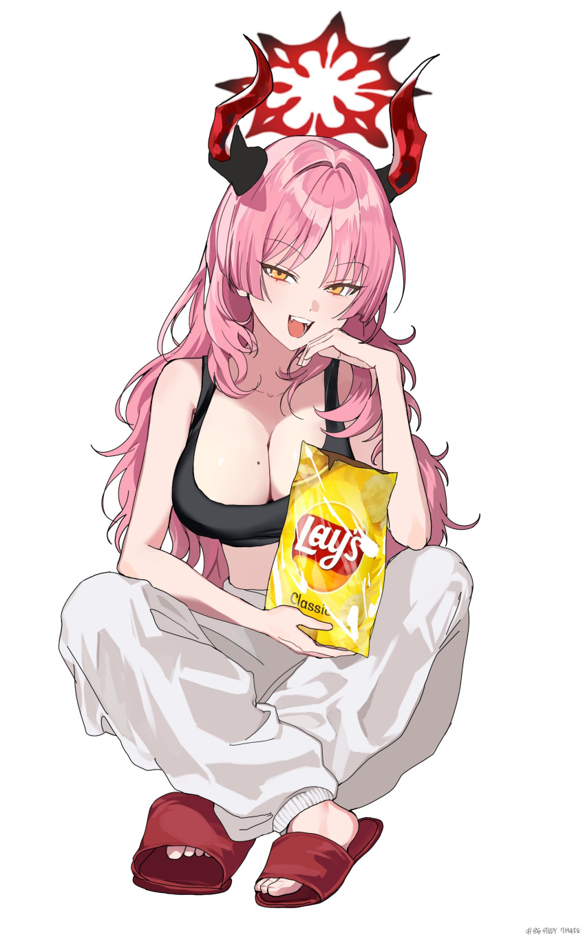 1girl absurdres bag_of_chips black_shirt blue_archive breasts crop_top crossed_legs halo highres horns large_breasts lay's_(potato_chips) looking_at_viewer ohw8g open_clothes orange_eyes pants pink_eyes pink_hair red_halo satsuki_(blue_archive) shirt simple_background sitting sleeveless sleeveless_shirt slippers smile solo teeth tongue upper_teeth_only white_background white_pants