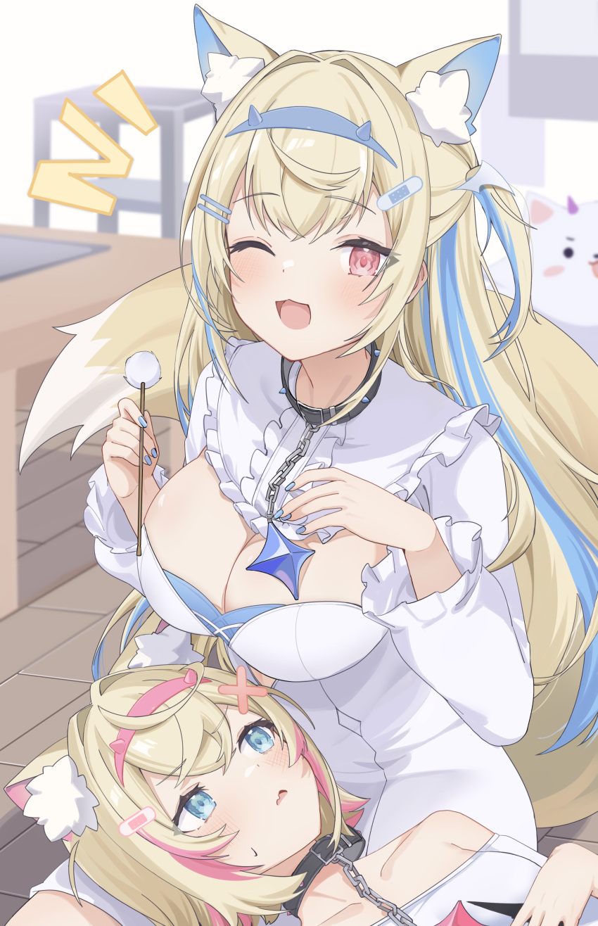 2girls absurdres angeldu animal_ears bandaid bandaid_hair_ornament belt_collar black_collar blonde_hair blue_eyes blue_hair blue_nails blush breasts cleavage cleavage_cutout clothing_cutout collar cropped_shirt dog_ears dog_girl dog_tail dress fuwawa_abyssgard fuwawa_abyssgard_(1st_costume) hair_ornament hairpin hand_on_own_chest highres hololive hololive_english indoors lap_pillow large_breasts looking_at_viewer looking_up lying medium_hair mimikaki mococo_abyssgard mococo_abyssgard_(1st_costume) multicolored_hair multiple_girls nail_polish on_back one_eye_closed pink_eyes pink_hair shirt short_dress siblings sisters small_breasts smile spiked_collar spikes streaked_hair tail twins two_side_up virtual_youtuber white_dress white_shirt x_hair_ornament