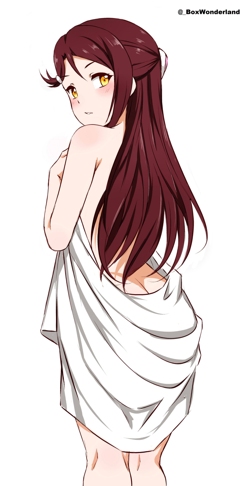 1girl absurdres aida_rikako ass blush box_wonderland english_commentary from_behind hair_ornament half_updo highres long_hair looking_at_viewer looking_back love_live! love_live!_sunshine!! red_hair sakurauchi_riko solo towel voice_actor_connection white_background yellow_eyes