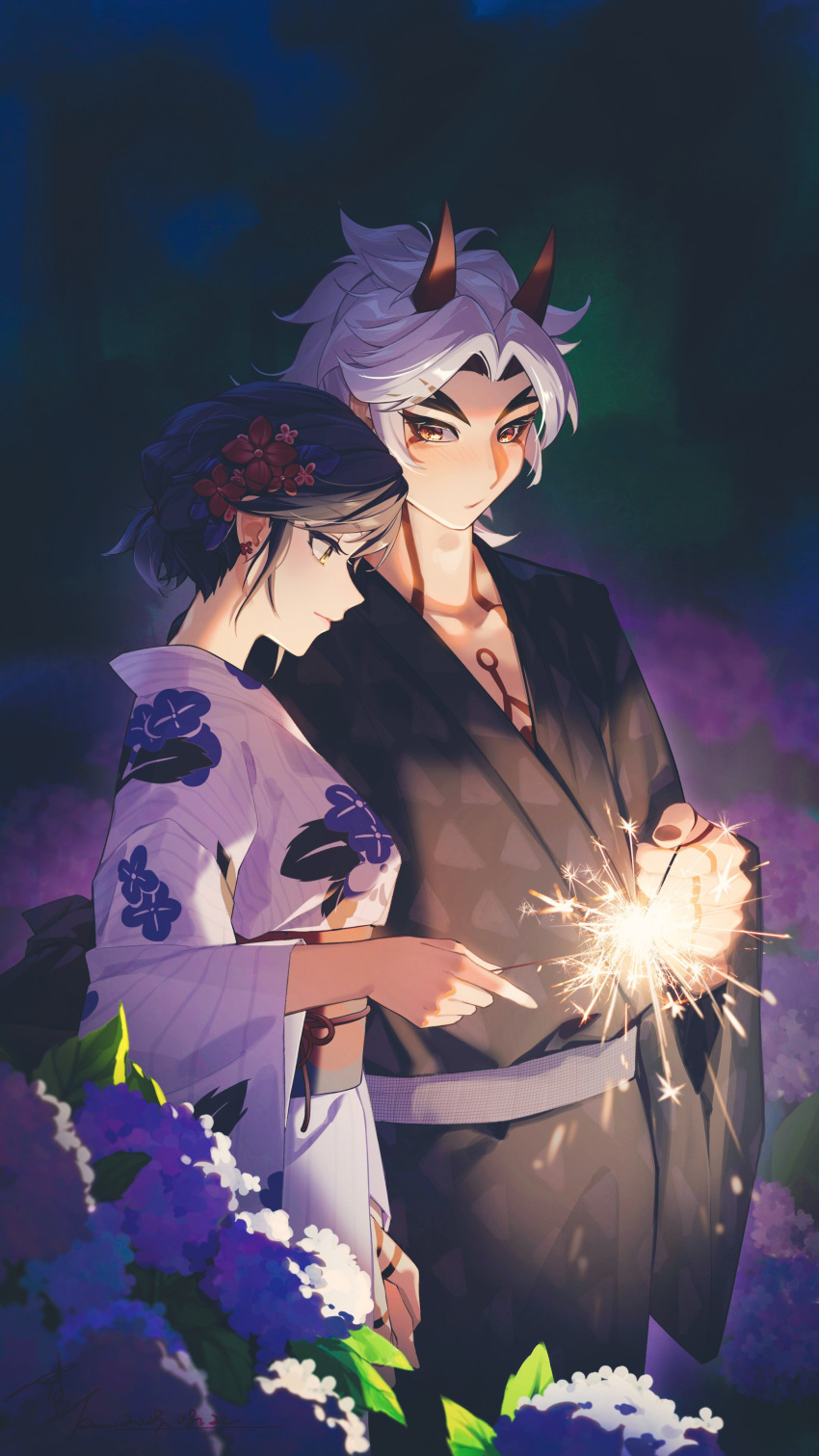 1boy 1girl absurdres alternate_costume arataki_itto black_hair black_kimono brown_eyes collarbone earrings english_commentary eyeshadow fireworks flower flower_earrings genshin_impact hair_behind_ear hair_flower hair_ornament hetero highres holding_fireworks holding_hands horns japanese_clothes jewelry kimono kujou_sara light_smile looking_down makeup obi oroolcicely purple_flower purple_kimono red_eyeshadow red_flower sash sparkler v-shaped_eyebrows