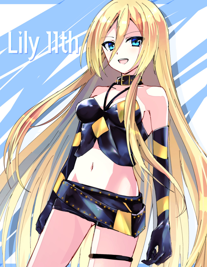 1girl belt_collar black_collar black_gloves black_shirt black_skirt blonde_hair blue_background blue_eyes breasts character_name collar collarbone crop_top elbow_gloves gloves gothloli_dokuro hair_between_eyes highres lily_(vocaloid) long_hair looking_at_viewer microskirt multicolored_clothes multicolored_gloves multicolored_shirt multicolored_skirt open_mouth shadow shirt skirt small_breasts smile solo standing teeth upper_teeth_only very_long_hair vocaloid white_background yellow_gloves yellow_shirt yellow_skirt