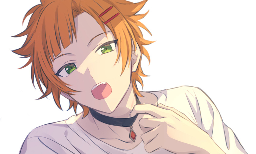 1boy black_collar blunt_bangs collar collar_tug commentary_request green_eyes hair_ornament hairclip hand_up looking_at_viewer male_focus on_air! open_mouth orange_hair portrait sekina shirt short_hair simple_background solo tachibana_ota upper_body white_background white_shirt