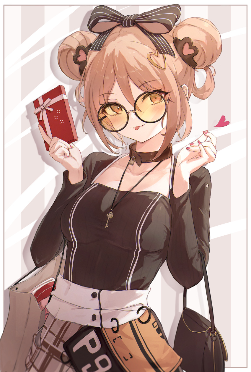 1girl :p bag black_shirt bow box breasts brown_eyes brown_hair closed_mouth collar collarbone commission double_bun girls'_frontline hair_bow hair_bun hair_ornament handbag hands_up heart highres holding holding_box jewelry key key_necklace long_sleeves looking_at_viewer medium_breasts medium_hair nail_polish necklace orange-tinted_eyewear p90_(girls'_frontline) pink_nails pixiv_commission plaid plaid_skirt round_eyewear shirt shopping_bag skirt solo striped_bow tinted_eyewear tongue tongue_out yoyopipa