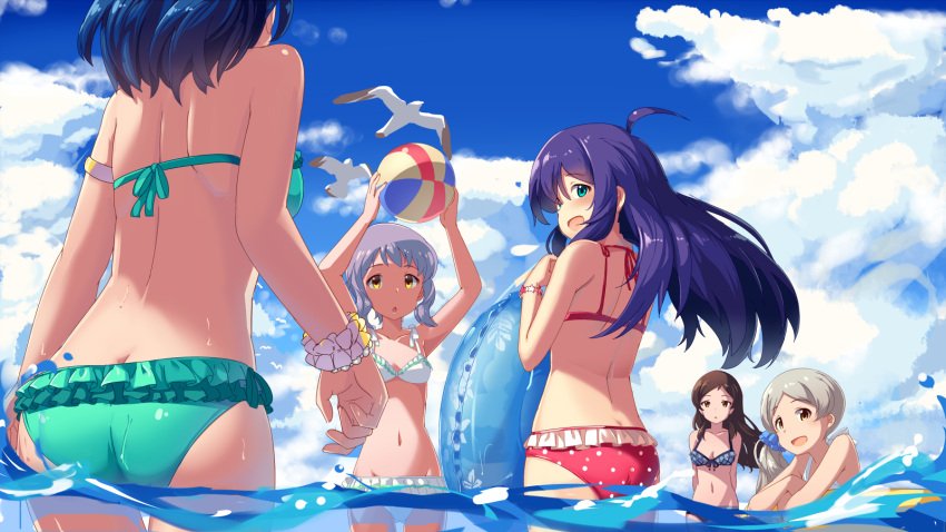 5girls ahoge armband armpits arms_up ass back ball bare_shoulders beachball bikini blue_bikini blue_innertube blue_scrunchie blue_sky blush breasts brown_hair cleavage cloud collarbone day dot_nose flat_chest flower frilled_bikini frills front-tie_bikini_top front-tie_top green_bikini green_eyes grey_hair hair_ornament hair_scrunchie handa_roco highres holding holding_ball holding_beachball holding_swim_ring idolmaster idolmaster_million_live! idolmaster_million_live!_theater_days kitazawa_shiho long_hair looking_at_another looking_back makabe_mizuki medium_breasts mochizuki_anna multiple_girls nanao_yuriko navel open_mouth outdoors pink_flower polka_dot polka_dot_bikini purple_hair red_bikini scrunchie seabird short_hair sidelocks sky small_breasts smile splashing squatting standing star_bracelet swim_ring swimsuit wading water wavy_hair wet white_bikini wrist_flower yellow_eyes yellow_flower yoshika_(music480069)