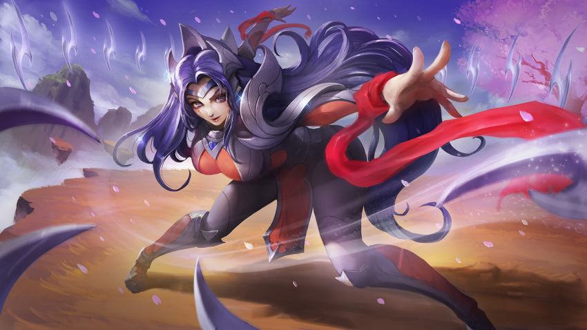 1girl blade blue_hair boobplate breastplate breasts cherry_blossoms diadem fighting_stance floating_swords highres irelia kaze_no_gyouja league_of_legends long_hair medium_breasts multiple_swords pelvic_curtain purple_eyes solo tagme very_long_hair