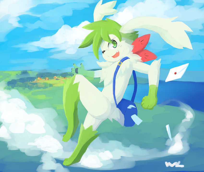 action_pose ambiguous_gender anthro anthrofied big_ears cute_fangs digitigrade flying landscape legendary_pok&eacute;mon letter looking_at_viewer looking_back mammal nude shaymin shaymin_(sky_form) shoulder_bag signature slim smile solo whiteleo