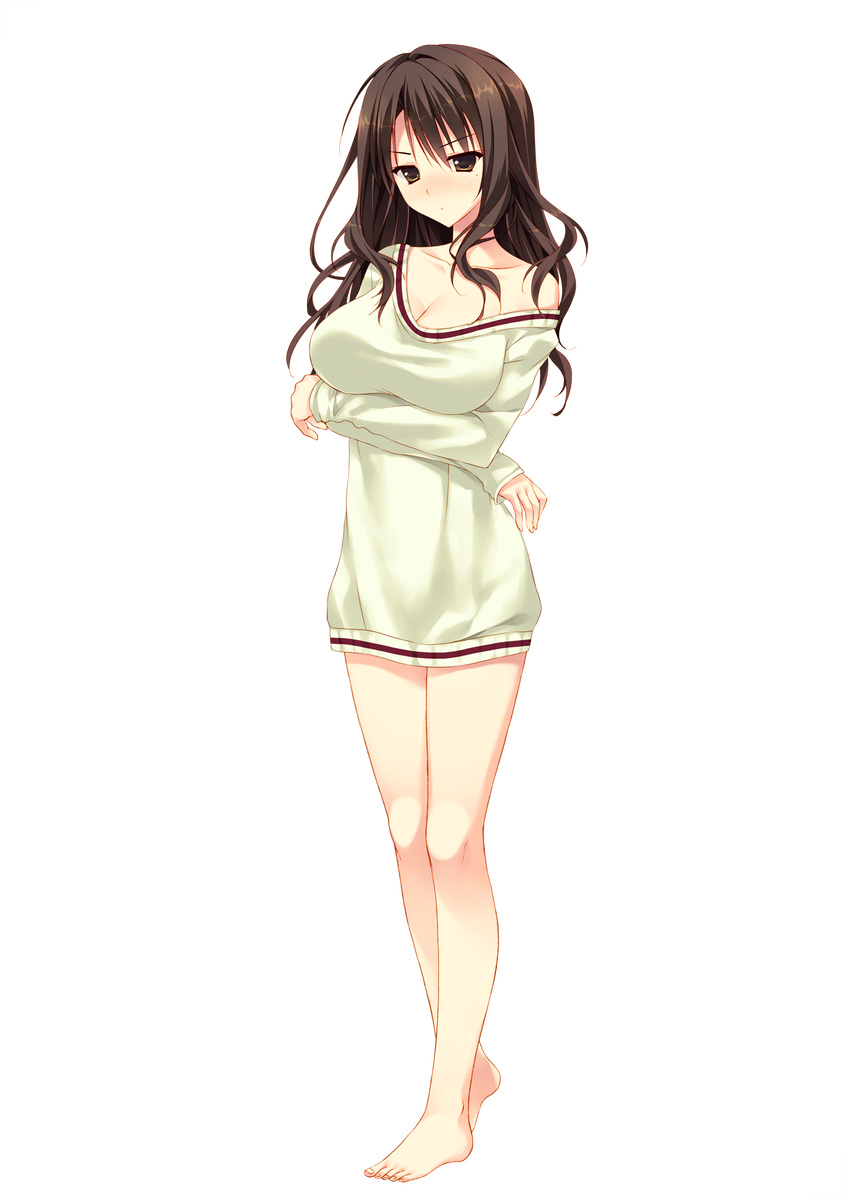 bare_legs barefoot blush breasts brown_eyes brown_hair cleavage crossed_arms full_body highres imouto_no_seiiki kanojo_no_seiiki large_breasts long_hair long_sleeves naked_sweater nase_yaeka no_pants nose_blush official_art ryouka_(suzuya) solo sweater transparent_background