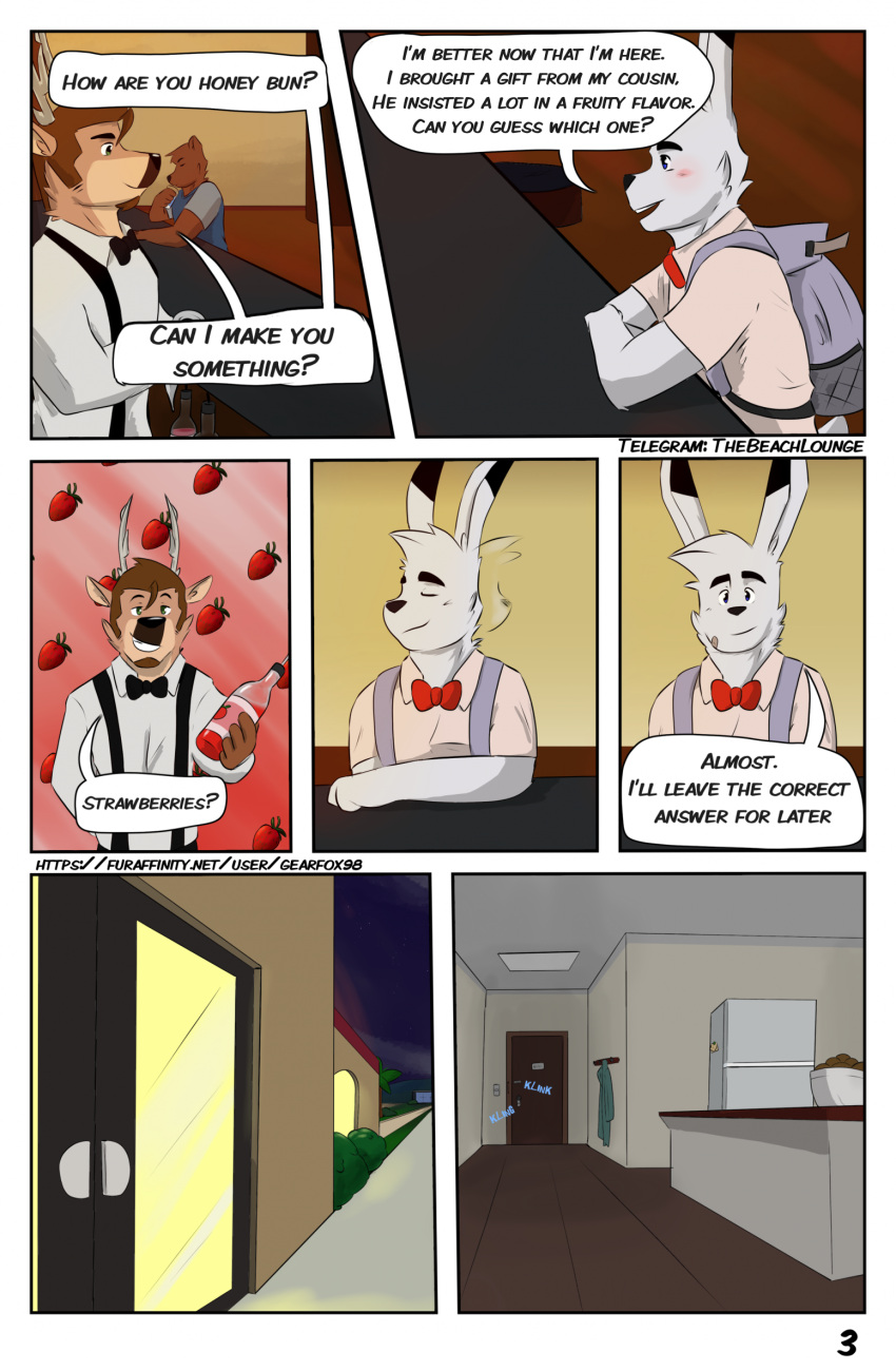 2023 anthro antlers appliance arctic_hare artist_name backpack bar bartender biped blush bottle bow_tie brown_body brown_fur brown_hair clothed clothed_anthro clothed_male clothing colored comic container deer dialogue door english_text eyes_closed food francis_(gearfox98) fridge fruit fur gearfox98 grey_body grey_fur group hair hare hector_(gearfox98) hi_res horn inside kitchen_appliance lagomorph leporid male male/male mammal motion_lines night page_number plant shaking_head short_hair sitting smile strawberry talking_to_another teeth text trio url