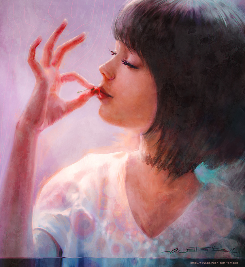 artist_name black_choker black_hair cherry choker closed_eyes closed_mouth commentary food fruit highres lips nose ok_sign oliver_wetter original pastel_(medium) patreon_username profile shirt short_hair short_sleeves signature solo traditional_media upper_body watermark web_address white_shirt