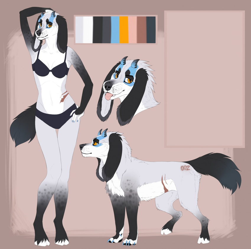 anthro armpits bra canine clothing female feral fur horn looking_at_viewer mammal model_sheet smile solo tongue tongue_out underwear zumjakal