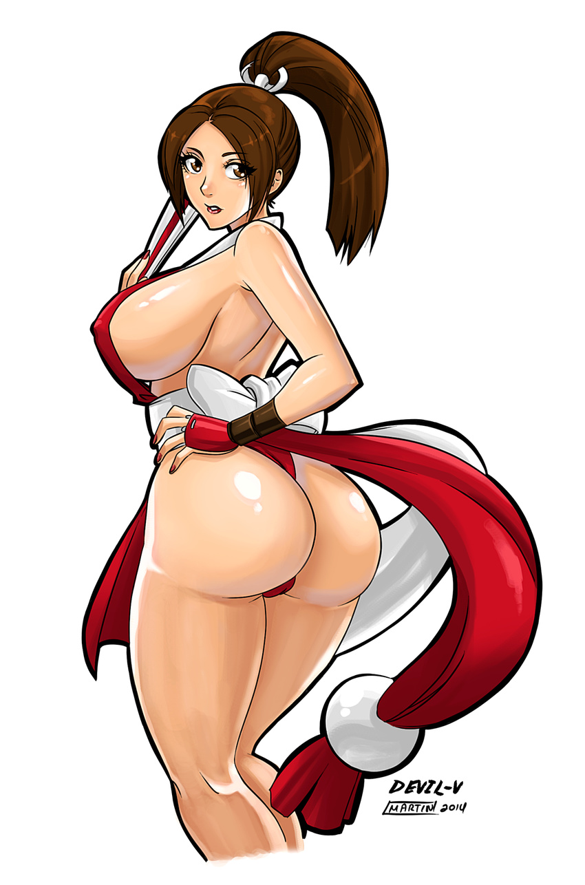 artist_name ass bangs bare_shoulders breasts brown_eyes brown_hair commentary covered_nipples cowboy_shot devil-v fan fatal_fury folding_fan from_side hand_on_hip high_ponytail highres large_breasts long_hair looking_at_viewer looking_to_the_side parted_bangs parted_lips pelvic_curtain revealing_clothes shiranui_mai snk solo the_king_of_fighters