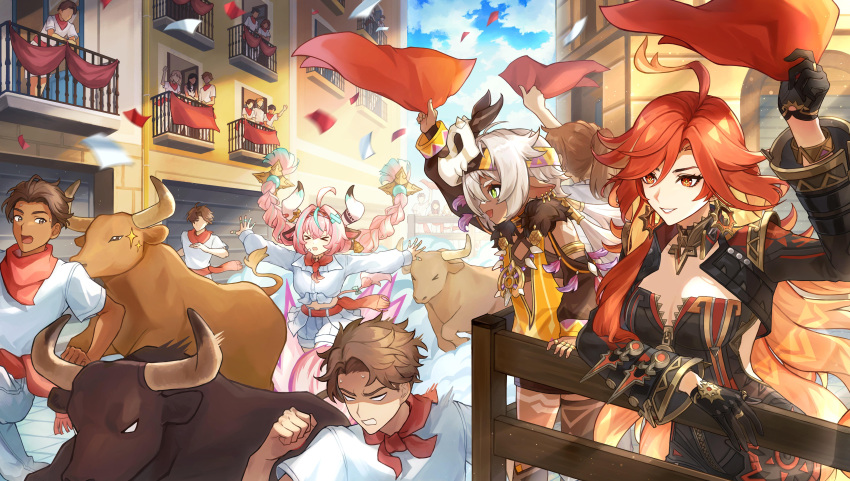 6+boys 6+girls absurdres alternate_costume black_bodysuit bodysuit breasts cleavage cow cow_girl cow_horns cow_tail genshin_impact highres horns iansan_(genshin_impact) large_breasts long_hair mavuika_(genshin_impact) multiple_boys multiple_girls official_art orange_eyes orange_hair red_eyes red_hair suitchi_(gn4othi61) tail varesa_(genshin_impact)