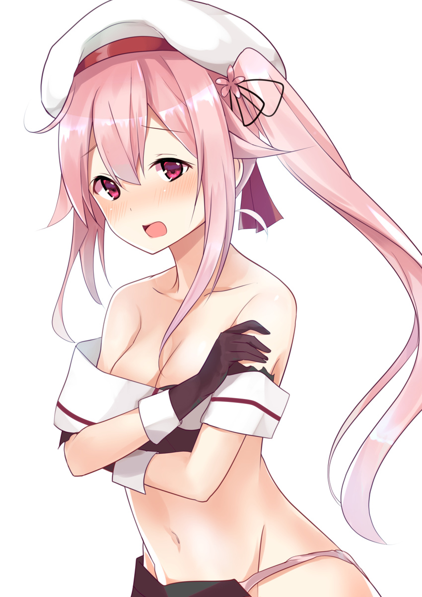 absurdres black_gloves black_skirt blush breasts cleavage collarbone covering covering_breasts crossed_arms embarrassed gloves gradient_hair hair_between_eyes harusame_(kantai_collection) hat highres kantai_collection long_hair looking_at_viewer medium_breasts multicolored_hair natsu_(sinker8c) navel open_mouth panties pink_eyes pink_hair pink_panties pleated_skirt shirt side_ponytail simple_background skirt solo torn_clothes torn_shirt torn_skirt underwear white_background white_hat