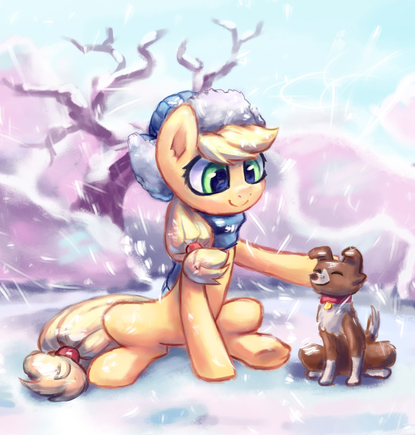 2016 absurd_res ambiguous_gender applejack_(mlp) blonde_hair canine collar dog duo earth_pony equine eyes_closed female feral friendship_is_magic green_eyes hair hi_res hooves horse inowiseei long_hair mammal my_little_pony outside pony scarf smile snow tree underhoof winona_(mlp)