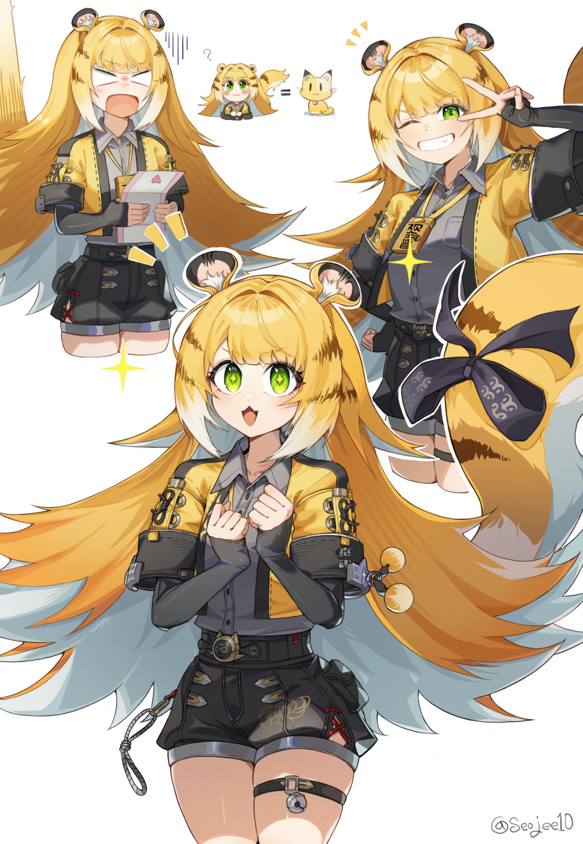 +_+ 1girl ? absurdres animal_ears bell black_bow black_shorts blank_eyes blonde_hair bow cat colored_inner_hair commentary_request cowboy_shot cropped_legs equal_sign gloom_(expression) green_eyes grey_shirt grin heart highres holding holding_letter jacket jeehyung_seo jewelry jingle_bell ju_fufu letter long_hair looking_at_viewer multicolored_hair multiple_views necklace notice_lines one_eye_closed open_mouth shirt shorts simple_background smile striped_hair tail tail_bow tail_ornament thigh_strap tiger_ears tiger_girl tiger_stripes tiger_tail twitter_username v v_over_eye white_background white_hair yellow_jacket zenless_zone_zero