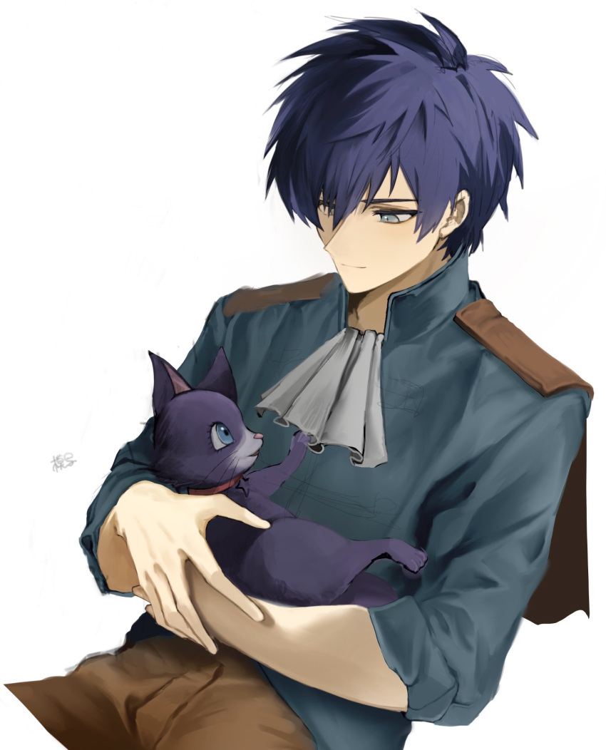 1boy 1girl alternate_form animal animalization aqua_shirt ascot blue_eyes blue_hair brother_and_sister cape cat collar commentary_request dragon_quest dragon_quest_x highres holding holding_animal holding_cat light_smile looking_at_another looking_down mereade orange_cape orange_pants pants person_and_animalization purple_fur quad_(dq10) red_collar sato_sio_(si00x) shirt short_hair siblings sleeves_rolled_up upper_body white_ascot white_background
