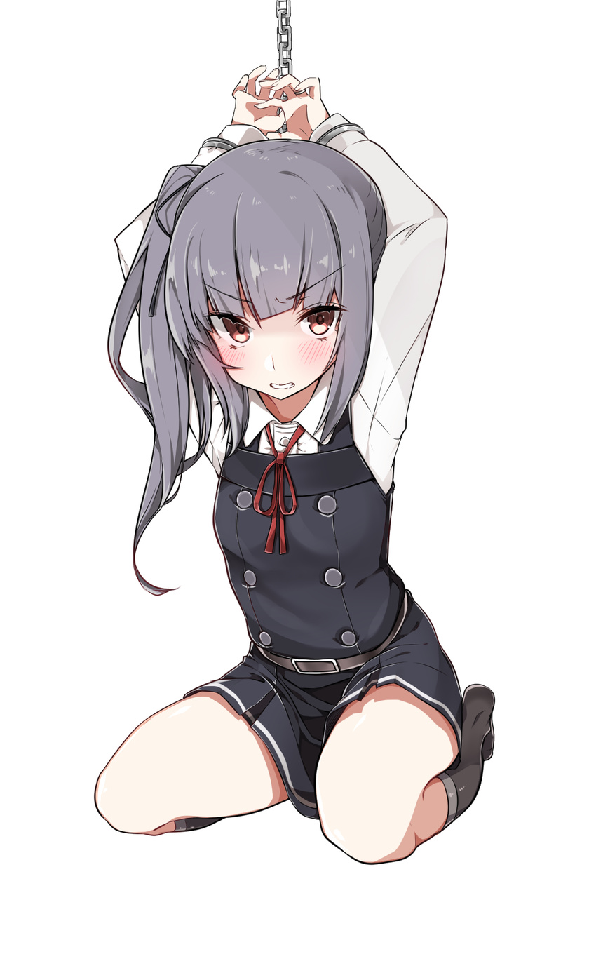 angry bdsm black_legwear blush bound bound_wrists brown_eyes buttons clenched_teeth cuffs dress full_body grey_hair highres kantai_collection kasumi_(kantai_collection) kneehighs long_hair long_sleeves looking_at_viewer mitsudoue pinafore_dress red_ribbon remodel_(kantai_collection) ribbon school_uniform shackles shirt side_ponytail sitting sleeveless sleeveless_dress solo teeth white_shirt