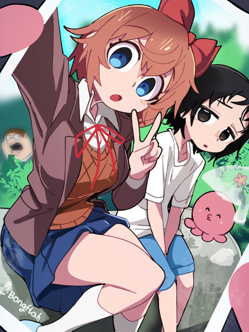 1boy 1other 2girls absurdres antennae between_legs black_hair blazer blue_eyes blue_shorts blue_skirt blue_sky bongfill brown_eyes brown_hair brown_jacket brown_sweater bush creature crossover day doki_doki_literature_club family_guy feet_out_of_frame from_above grass hair_between_eyes hand_between_legs highres holding holding_phone jacket kneehighs kuze_shizuka looking_at_viewer multiple_girls on_rock open_clothes open_jacket open_mouth outdoors peter_griffin phone pleated_skirt red_ribbon ribbon sayori_(doki_doki_literature_club) school_uniform selfie shirt short_hair shorts signature sitting skirt sky socks sweater takopii takopii_no_genzai thighs tree tsurime v white_shirt white_socks wide-eyed wispy_bangs