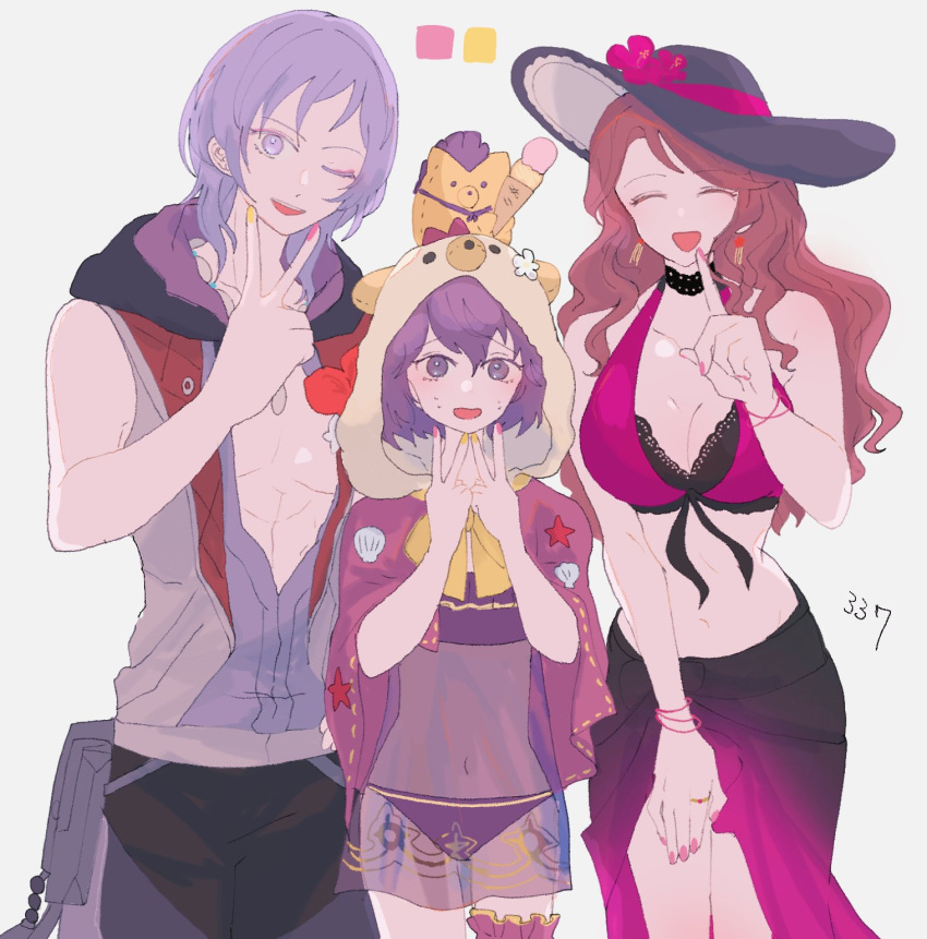1boy 2girls animal_hood bear_hood bernadetta_von_varley bernadetta_von_varley_(summer) bikini black_bikini black_sarong blush breasts brown_bikini brown_hair choker cleavage closed_eyes dorothea_arnault dorothea_arnault_(summer) double_v earrings fire_emblem fire_emblem:_three_houses fire_emblem_heroes flat_chest flower gradient_sarong hat hat_flower hibiscus highres hood hooded_vest hoodie jewelry large_breasts long_hair looking_at_viewer male_swimwear medium_hair midriff multicolored_bikini multiple_girls nail_polish navel off-shoulder_bikini off_shoulder official_alternate_costume one_eye_closed open_mouth pendant pink_bikini purple_bikini purple_eyes purple_hair sarong sasaki_(dkenpisss) see-through_clothes short_hair simple_background smile stomach sun_hat swim_trunks swimsuit two-tone_bikini v v-shaped_eyebrows vest yuri_leclerc yuri_leclerc_(summer)