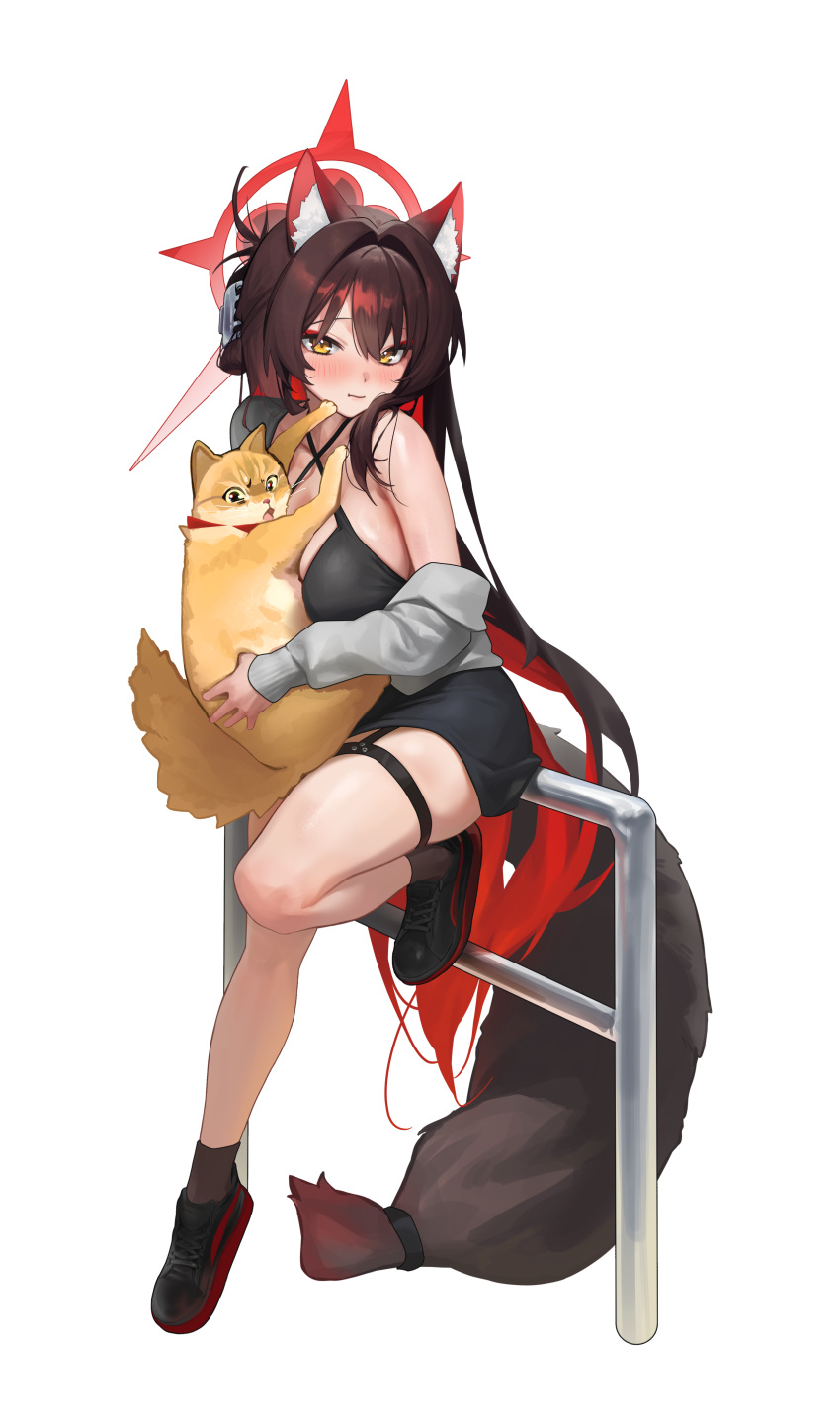 1girl absurdres animal animal_ear_fluff animal_ears black_dress black_hair black_shoes blue_archive breasts brown_socks cat closed_mouth commentary daehoak dress fox_ears fox_girl fox_tail full_body grey_jacket hair_between_eyes halo highres holding holding_animal holding_cat jacket large_breasts long_hair long_sleeves looking_at_viewer on_railing railing red_halo shoes simple_background single_off_shoulder sitting sneakers socks symbol-only_commentary tail thigh_strap very_long_hair wakamo_(blue_archive) white_background yellow_eyes