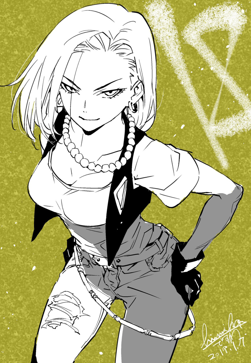 1girl 2019 android_18 belt black_gloves breasts character_name cowboy_shot dated denim dragon_ball dragonball_z earrings eyelashes gloves hands_on_hips highres jeans jewelry monochrome necklace number pants pearl_necklace shirt short_hair signature simple_background smile solo spot_color torn_clothes torn_jeans torn_pants upper_body waistcoat white_shirt yellow yellow_background