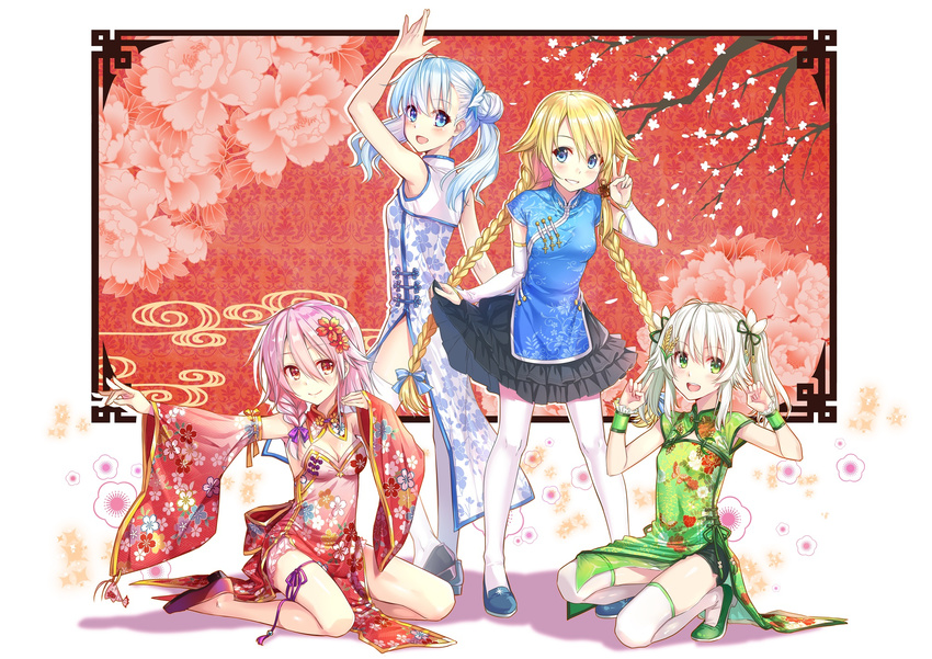 :d arm_up black_skirt blonde_hair blue_bow blue_eyes blue_footwear blue_hair bow braid breasts china_dress chinese_clothes cleavage detached_sleeves dress flower full_body green_eyes green_footwear green_ribbon green_shorts grin hair_bow hair_flower hair_ornament hair_ribbon highres hika_(cross-angel) kuuki_shoujo long_hair looking_at_viewer magi_in_wanchin_basilica medium_breasts multiple_girls one_knee open_mouth outstretched_arm pink_hair purple_footwear purple_ribbon red_flower ribbon rice_simon sergestid_shrimp_in_tungkang shoes shorts shorts_under_dress sidelocks silver_hair skirt skirt_hold sleeveless sleeveless_dress smile standing striped striped_bow the_personification_of_atmosphere thigh_ribbon thighhighs twin_braids twintails v very_long_hair white_legwear wrist_cuffs xiao_ma xuan_ying