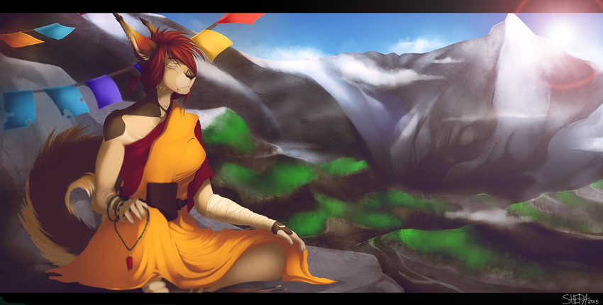 2015 5_fingers anthro black_bars clothed clothing day detailed_background eyes_closed female fluffy fluffy_tail hair mammal outside red_hair shen_shepa sitting sky solo