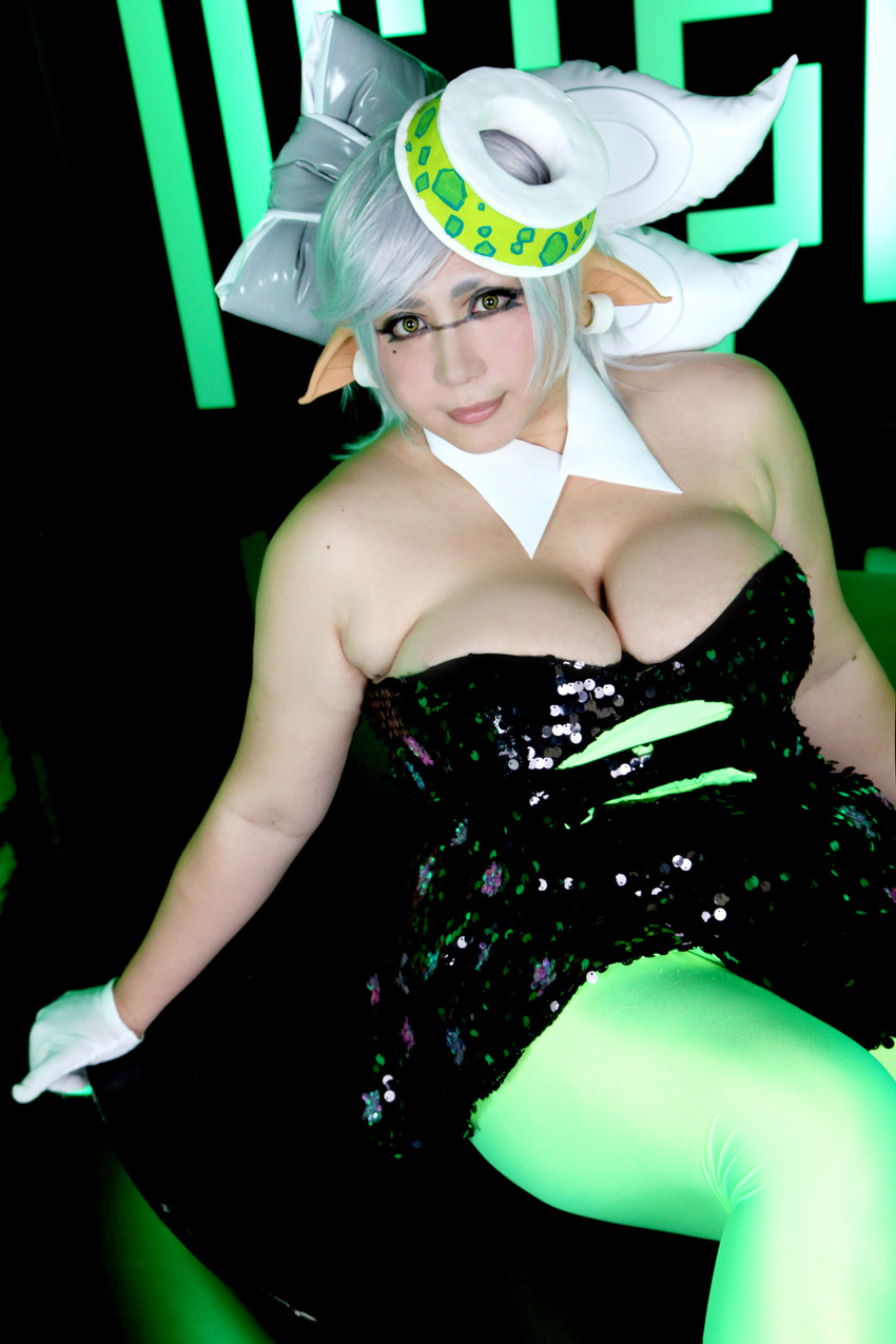 1girl asian breasts chouzuki_maryou cleavage cosplay domino_mask female hotaru_(splatoon) hotaru_(splatoon)_(cosplay) large_breasts mask photo plump pointy_ears short_hair solo splatoon