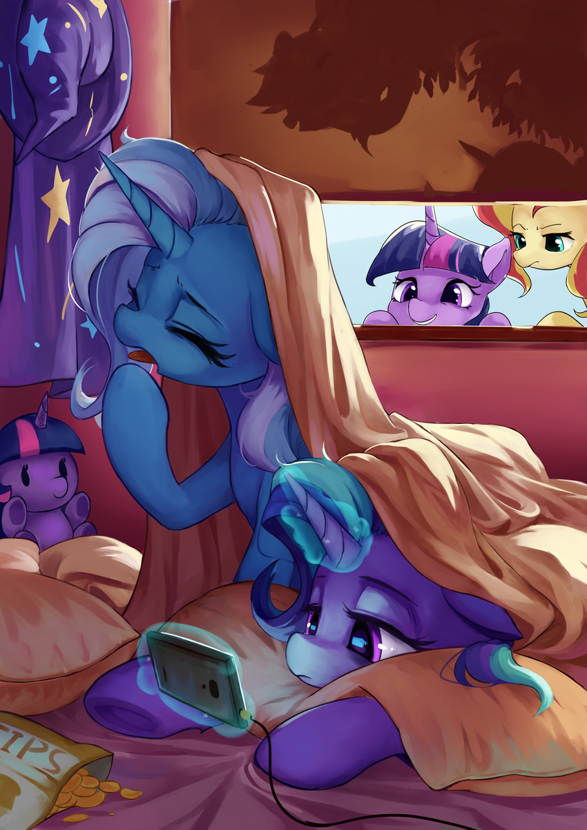 2017 absurd_res bed bedding blanket cellphone doll equestria_girls equine female feral friendship_is_magic group hair hat hi_res horn horse luciferamon magic mammal multicolored_hair my_little_pony phone pillow pony smile starlight_glimmer_(mlp) sunset_shimmer_(eg) tongue tongue_out trixie_(mlp) twilight_sparkle_(mlp) two_tone_hair unicorn wings wizard_hat