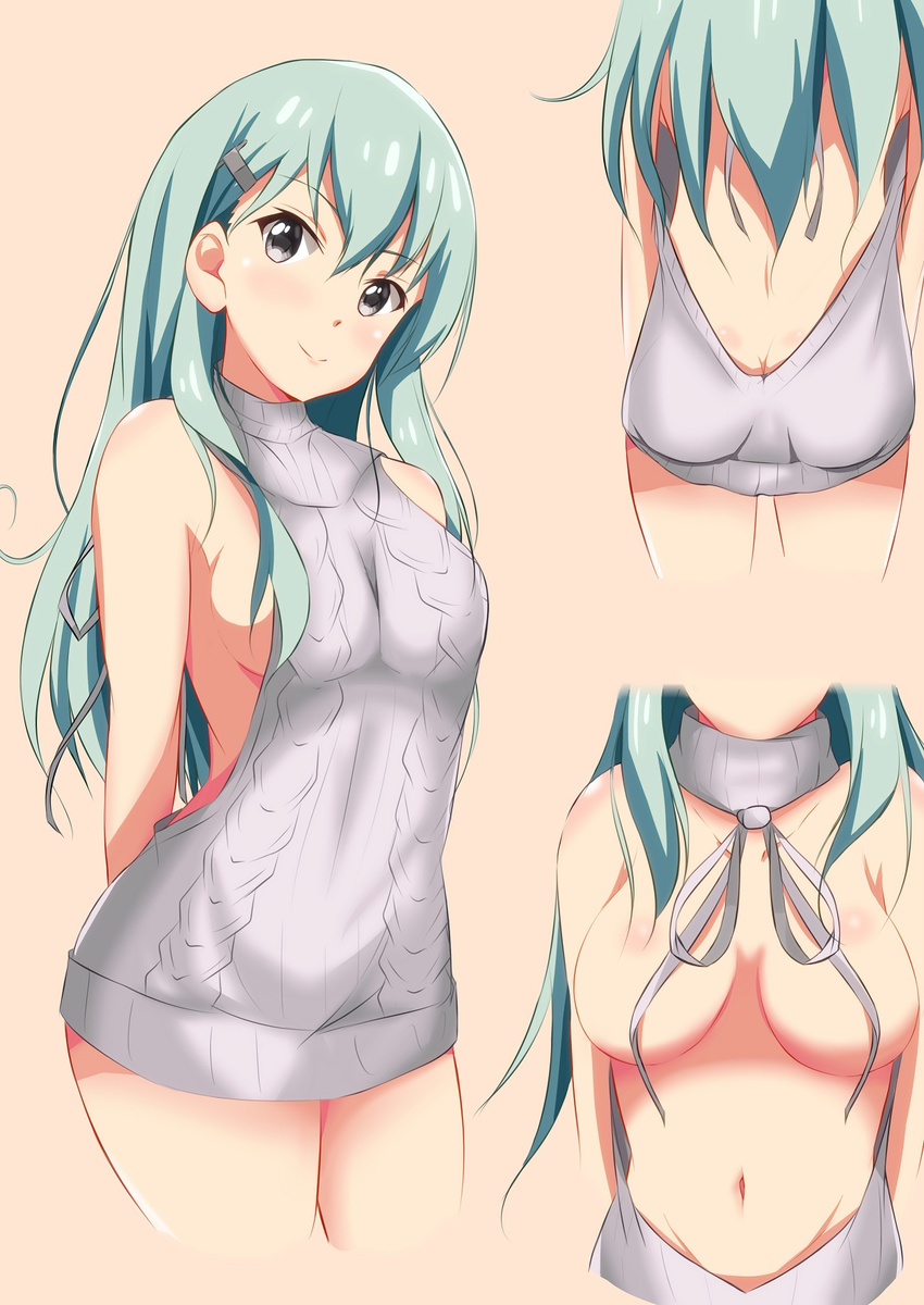alternate_costume aqua_eyes aqua_hair backless_dress backless_outfit bare_back breasts butt_crack cowboy_shot dress from_behind hair_between_eyes halterneck highres kantai_collection large_breasts long_hair looking_at_viewer meme_attire multiple_views naked_sweater navel nemo_1988 ribbed_sweater sideboob sketch suzuya_(kantai_collection) sweater sweater_dress thighs turtleneck turtleneck_sweater virgin_killer_sweater wardrobe_error