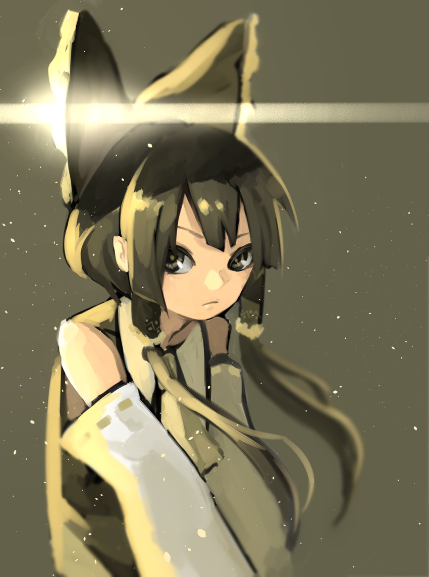 ascot backlighting bangs blunt_bangs blurry bow closed_mouth detached_sleeves ears expressionless grey_background hair_bow hair_tubes hakurei_reimu highres light light_particles light_trail looking_at_viewer monochrome nakano_elsa ribbon-trimmed_sleeves ribbon_trim shiny shiny_hair short_hair simple_background solo touhou upper_body