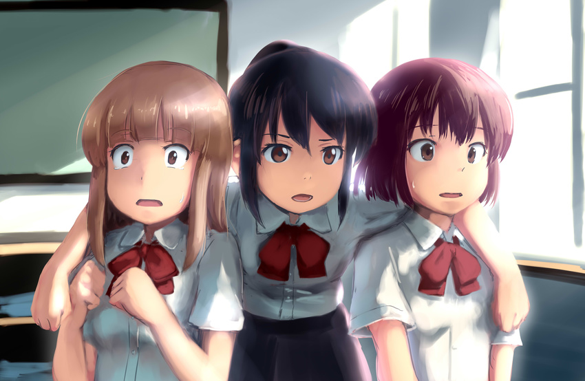 absurdres arm_around_shoulder black_hair brown_eyes brown_hair classroom commentary_request girl_sandwich highres kimi_no_na_wa miyamizu_mitsuha multiple_girls open_mouth personality_switch ponytail sandwiched scared school_uniform sidelocks sweatdrop tearing_up tears tsubasa_(abchipika)