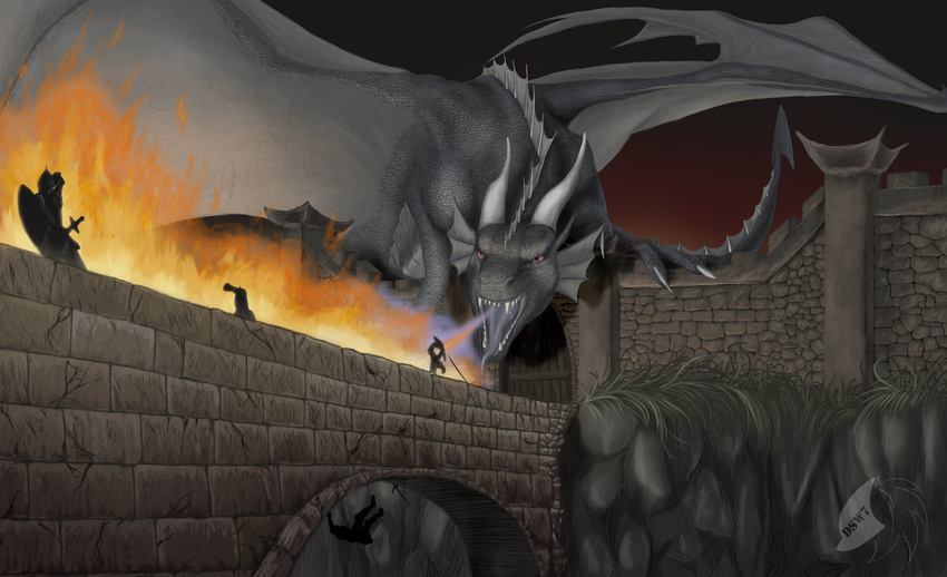 ambiguous_gender armor blood claws detailed_background detailed_scales digital_media_(artwork) dragon dsw7 feral fire grey_scales human mammal melee_weapon membranous_wings night nude open_mouth scales spines standing sword teeth weapon wings