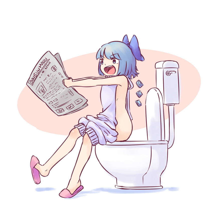 :d backless_outfit blue_eyes blue_hair bow bunbunmaru cirno commentary full_body hair_bow highres ice ice_wings meme_attire naked_sweater newspaper open_mouth reading shoe_dangle slippers smile solo sweater toilet_use touhou virgin_killer_sweater wings yoruny