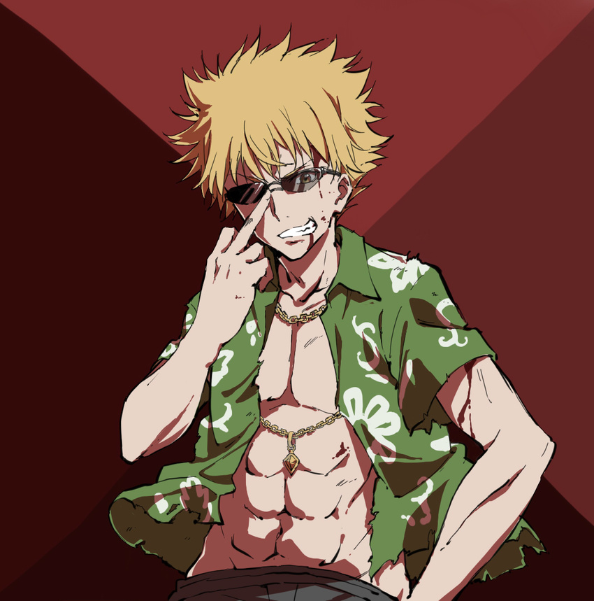 abs blonde_hair blood blood_from_mouth delf green_skirt grin male_focus middle_finger open_clothes open_shirt shirt simple_background skirt smile solo sunglasses to_aru_majutsu_no_index to_aru_majutsu_no_index:_new_testament tsuchimikado_motoharu