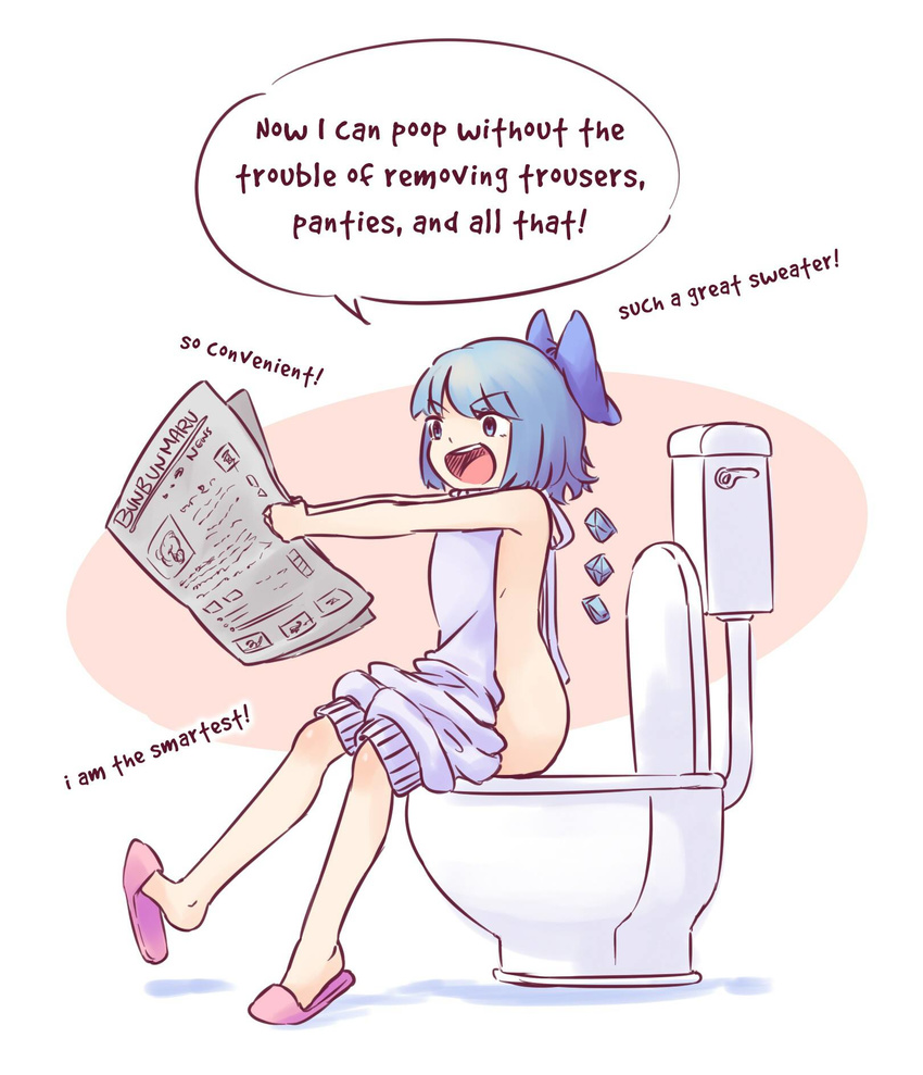 :d backless_outfit blue_eyes blue_hair bunbunmaru cirno commentary english full_body highres ice ice_wings meme_attire naked_sweater newspaper open_mouth shoe_dangle simple_background sitting slippers smile solo sweater toilet toilet_seat toilet_use touhou virgin_killer_sweater wings yoruny