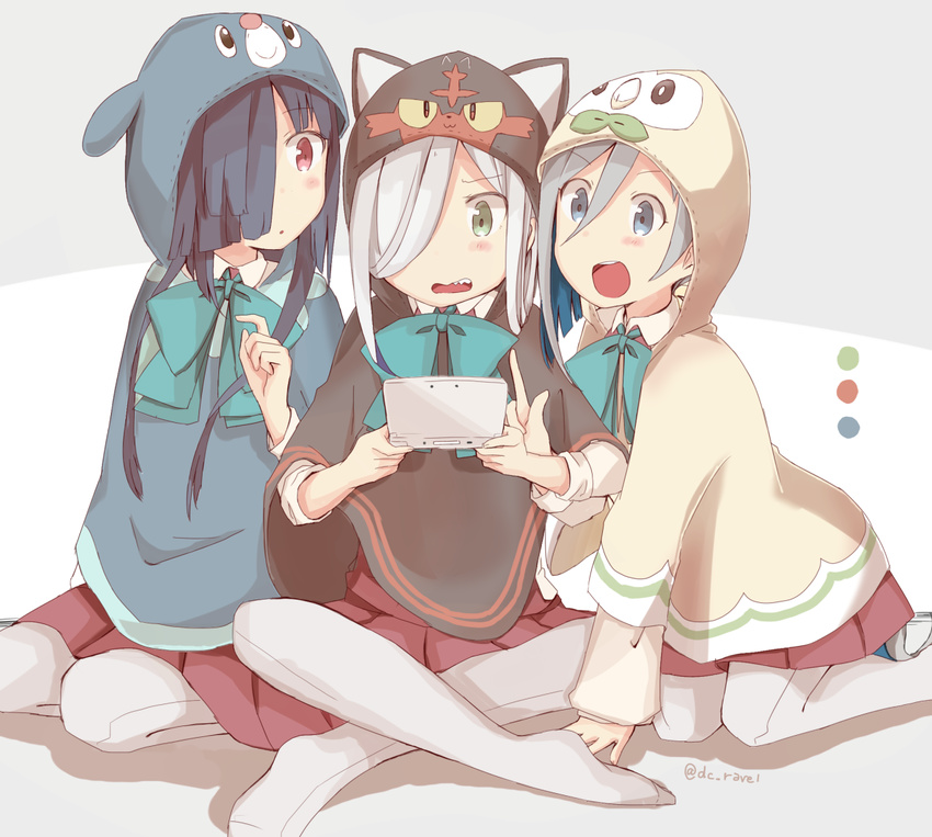 3girls asashimo_(kantai_collection) black_hair blue_bow blue_bowtie blue_hair bow bowtie character_hood cosplay green_eyes grey_eyes grey_hair grey_legwear hair_between_eyes hair_over_one_eye handheld_game_console hayashimo_(kantai_collection) hood index_finger_raised indian_style kantai_collection kiyoshimo_(kantai_collection) kneeling leaning_forward litten litten_(cosplay) multicolored_hair multiple_girls nintendo_3ds no_shoes open_mouth pantyhose playing_games pokemon poncho popplio popplio_(cosplay) red_eyes riz_(ravel_dc) rowlet rowlet_(cosplay) seiza sharp_teeth silver_hair simple_background sitting teeth twitter_username