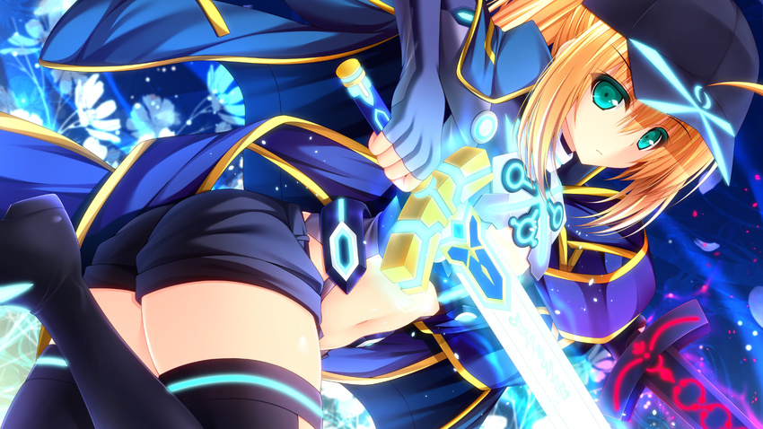 1girl ahoge aqua_eyes baseball_cap black_legwear blonde_hair blue_jacket blue_scarf dark_excalibur dual_wielding excalibur fate/grand_order fate_(series) hat heroine_x highres holding holding_sword holding_weapon jacket long_sleeves open_shorts ponytail rojiura_satsuki_:_chapter_heroine_sanctuary saber scarf shocchan_(sanymph) shorts sidelocks solo sword thighhighs track_jacket weapon wristband