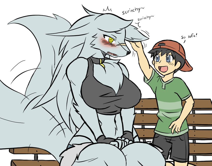 age_difference anthro backwards_baseball_cap baseball_cap bench big_breasts blush breasts canine clothed clothing collar cute duo english_text female fur gloves hair happy hat human larger_female male male/female mammal older_female open_mouth outside petting rakkuguy shorts simple_background sitting size_difference smaller_male smile teeth text thong underwear velvela wagging white_background wolf young younger_male