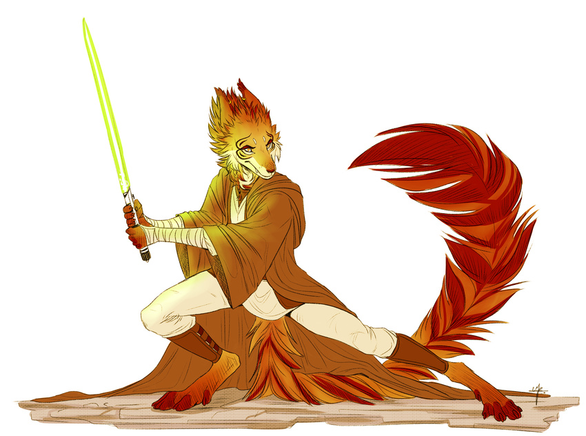 5_fingers amber_eyes anthro barefoot big_tail braided_hair brown_fur brown_markings brown_nose brown_tail cheek_tuft claws clothed clothing countershading crouching ear_piercing ear_tuft eyebrows eyelashes facial_markings fangs female fully_clothed fur hair holding_object holding_weapon lightsaber lugarou mammal markings mayhwolf multicolored_fur padawan piercing pose red_tail saika_(mayhwolf) signature simple_background solo star_wars toe_claws tuft two_tone_fur two_tone_tail weapon white_background white_fur