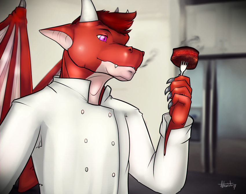 2017 adecristo chef clothing dragon fangs fork hair hi_res horn kitchen male meat pink_eyes red_hair simple_background smoke solo teeth wings