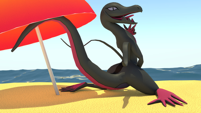 2017 3d_(artwork) abra_the_kadabra ambiguous_gender beach blender_(software) digital_media_(artwork) feral grey_tail hi_res kneeling looking_at_viewer multicolored_tail nintendo open_mouth outside pink_tail pok&eacute;mon pose purple_eyes raised_tail rear_view salazzle sand scales seaside simple_backgound sky smile solo umbrella video_games water