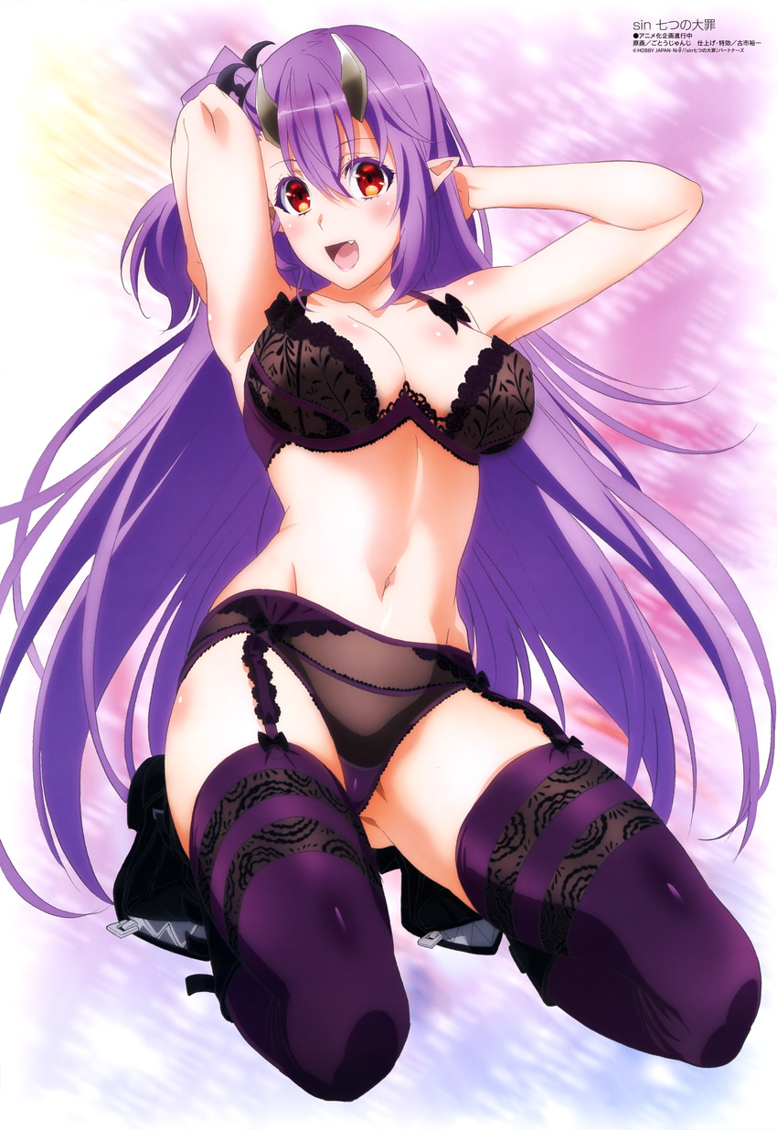 absurdres ass_visible_through_thighs black_bra black_panties bra breasts cleavage eyebrows_visible_through_hair floating_hair full_body garter_belt gotou_junji groin hair_between_eyes hair_ornament hands_in_hair highres horns kneeling large_breasts leviathan_(the_seven_deadly_sins) long_hair looking_at_viewer navel panties pointy_ears purple_eyes purple_hair red_eyes shiny shiny_skin solo stomach the_seven_deadly_sins thighhighs underwear underwear_only very_long_hair