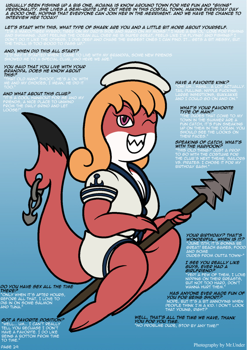 anthro breasts brown_skin cleavage clothed clothing female fish fully_clothed furgonomics furry-specific_piercing grin hair harpoon holding_object hybrid looking_at_viewer mako_shark marine melee_weapon moaina mr.under multicolored_skin non-mammal_breasts one_eye_closed piercing polearm purple_eyes sailor shark sharp_teeth smile solo spear tail_piercing tan_hair teeth tiger_shark two_tone_skin weapon white_skin