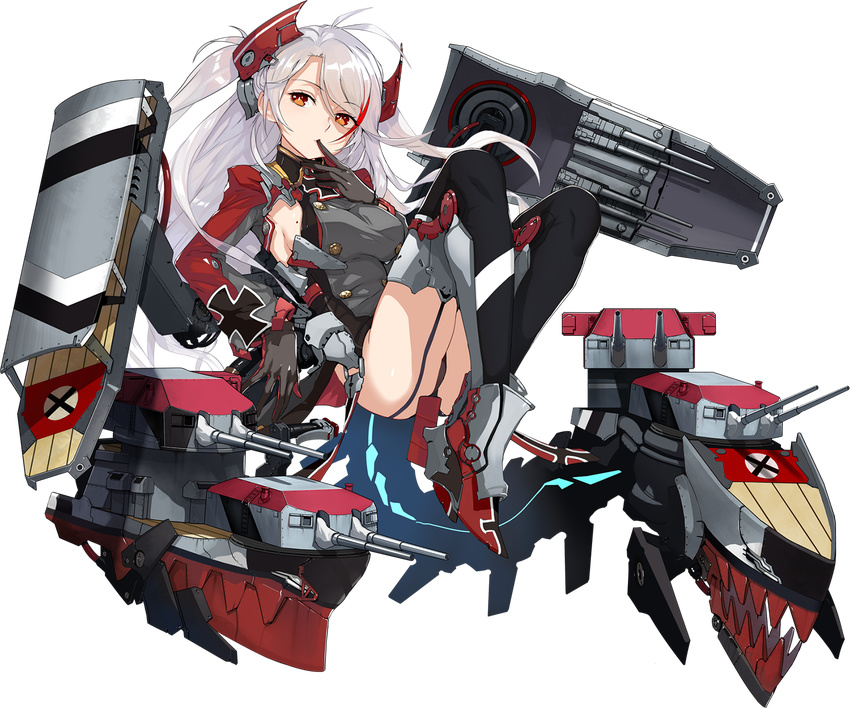armpit_cutout azur_lane black_gloves black_legwear black_panties boots breasts cannon double-breasted eyebrows_visible_through_hair finger_sucking finger_to_mouth floating full_body game_cg garter_straps gloves headgear high_heel_boots high_heels highres iron_cross knees_up long_hair long_sleeves looking_at_viewer looking_to_the_side machinery medium_breasts mole mole_on_breast multicolored multicolored_clothes multicolored_gloves official_art orange_eyes panties pantyshot prinz_eugen_(azur_lane) realmbw red_gloves rudder_shoes side_cutout sideboob solo tachi-e thighhighs transparent_background two_side_up underwear white_hair