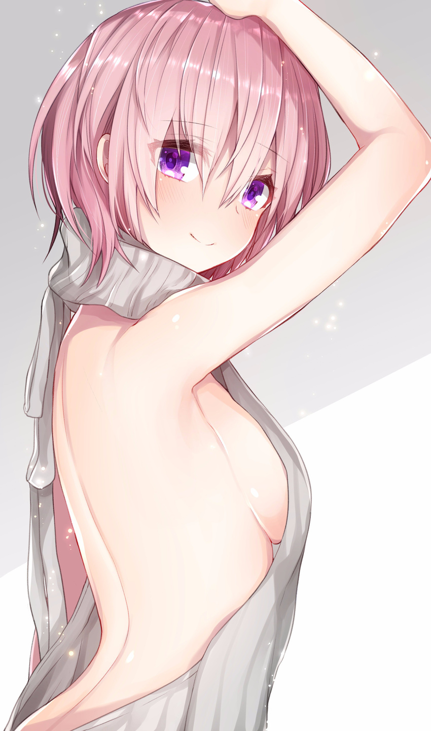 absurdres akirannu arched_back arms_up backless_dress backless_outfit bad_id bad_twitter_id bangs bare_back blush breasts closed_mouth dress eyebrows_visible_through_hair fate/grand_order fate_(series) from_side hair_between_eyes halterneck highres lavender_hair looking_at_viewer mash_kyrielight medium_breasts meme_attire naked_sweater pink_hair purple_eyes ribbed_sweater shade short_hair sideboob sleeveless sleeveless_turtleneck smile solo sweater sweater_dress turtleneck turtleneck_sweater upper_body virgin_killer_sweater white_sweater