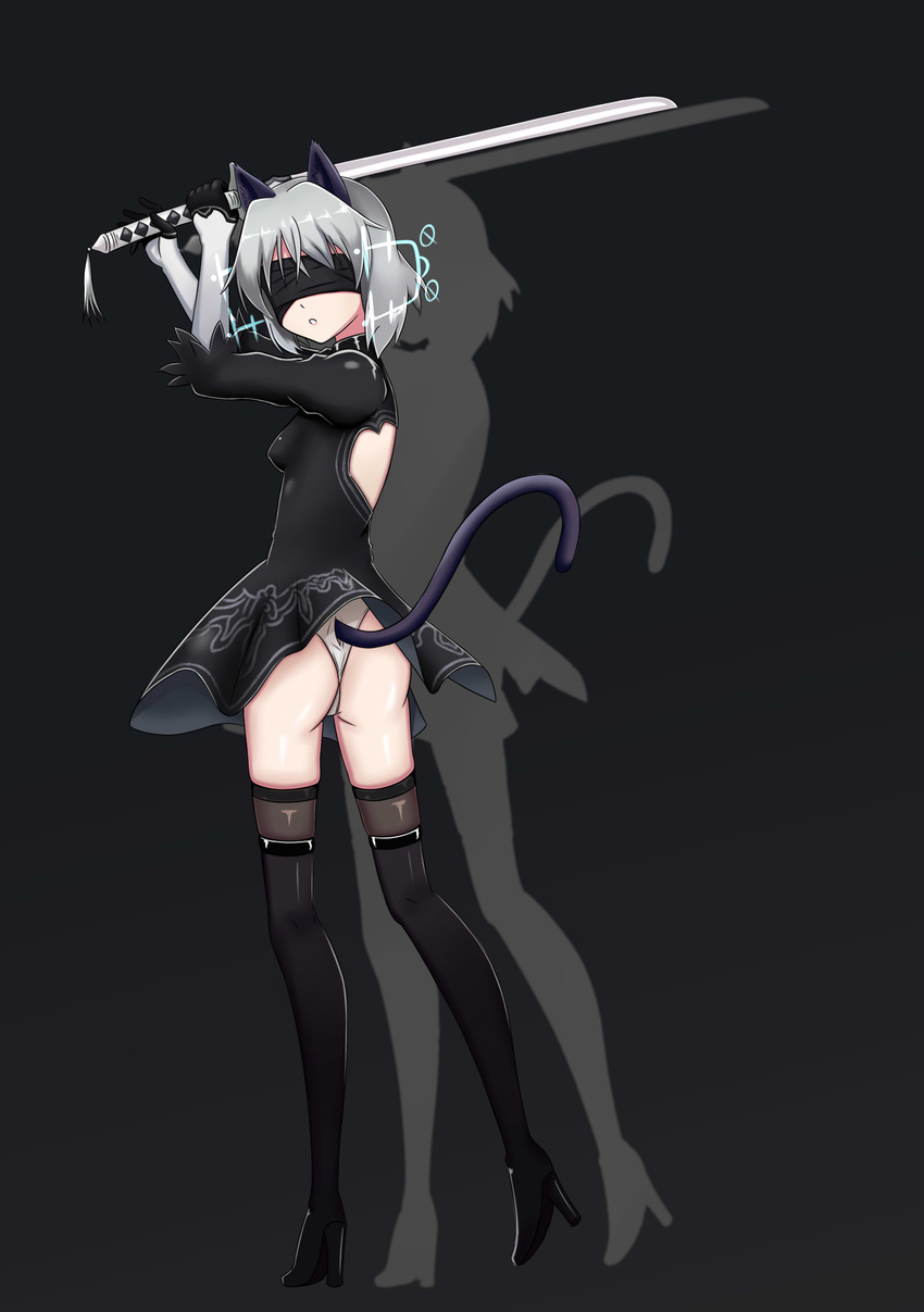 animal_ears black_dress black_gloves black_legwear blindfold boots cat_ears commentary_request cosplay dark_background dress drop_shadow full_body gloves high_heel_boots high_heels highres hirschgeweih_antennas katana nier_(series) nier_automata nomad_(mjauharazhar) puffy_sleeves sanya_v_litvyak short_hair silver_hair solo strike_witches sword tail thighhighs weapon world_witches_series yorha_no._2_type_b yorha_no._2_type_b_(cosplay)