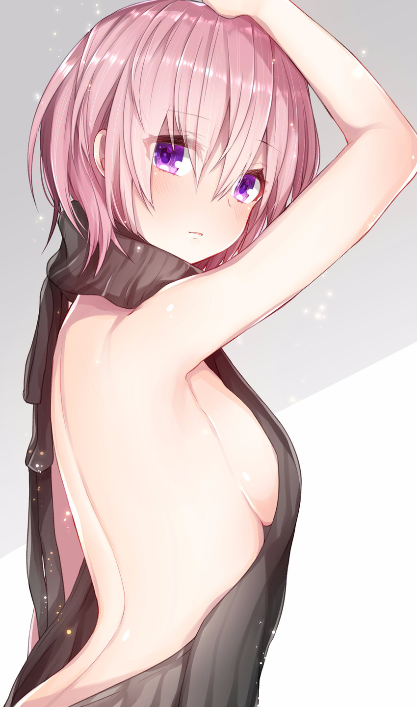 absurdres akirannu arched_back arms_up backless_dress backless_outfit bad_id bad_twitter_id bangs bare_back black_sweater blush breasts dress expressionless eyebrows_visible_through_hair fate/grand_order fate_(series) from_side hair_between_eyes halterneck highres lavender_hair looking_at_viewer mash_kyrielight medium_breasts meme_attire naked_sweater parted_lips pink_hair purple_eyes ribbed_sweater shade short_hair sideboob sleeveless sleeveless_turtleneck solo sweater sweater_dress turtleneck turtleneck_sweater upper_body virgin_killer_sweater